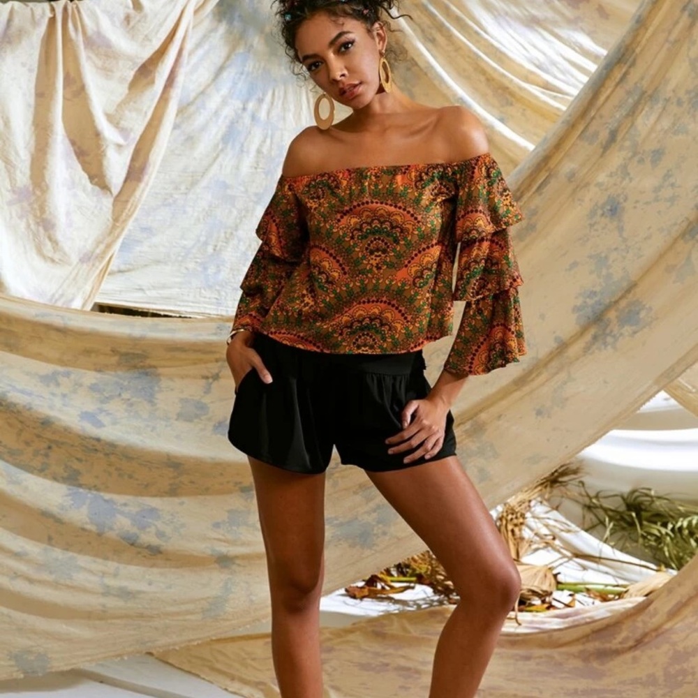 Aztec Print Bardot Layered Sleeve Blouse